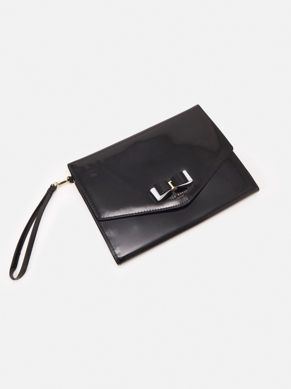 TED BAKER LONDON Verai Patent Black Wristlet Clutch with Bow Accent